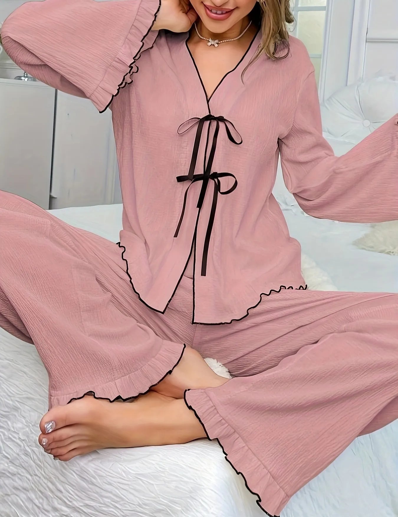 Contrast Trim Bow Tie Shirt and Pants Lounge Set | Loungewear Sets Daverri Fashions