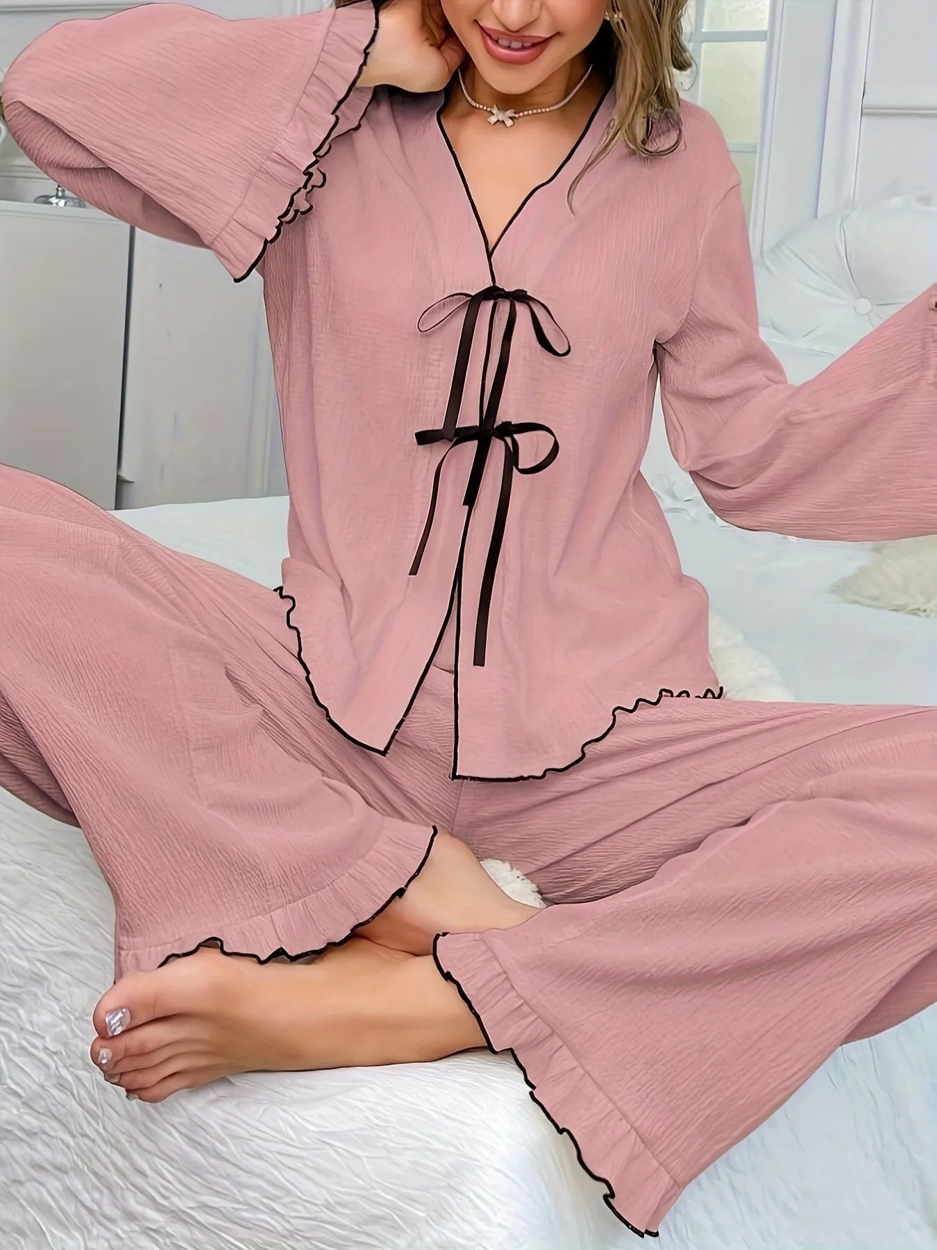Contrast Trim Bow Tie Shirt and Pants Lounge Set | Loungewear Sets Daverri Fashions