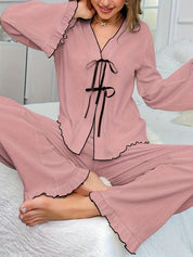 Contrast Trim Bow Tie Shirt and Pants Lounge Set | Loungewear Sets Daverri Fashions