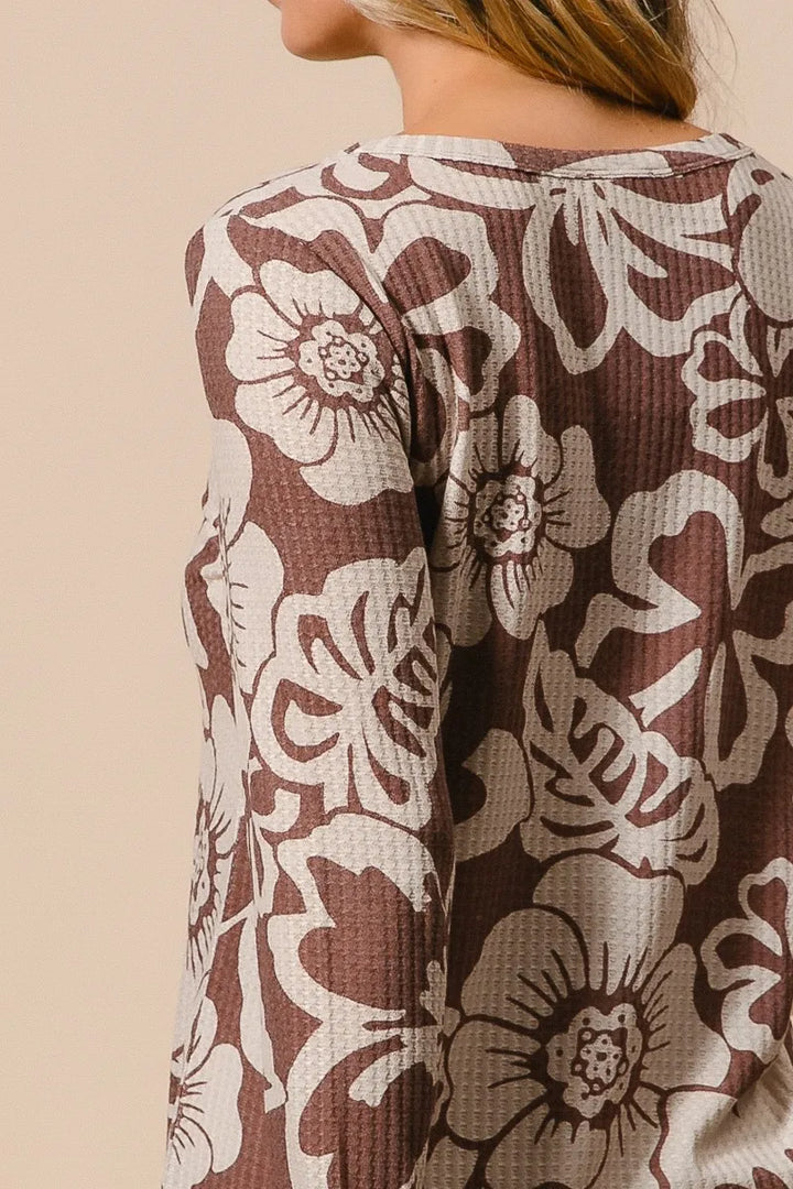 BiBi Flower Printed Waffle Thumb Opening Top Tops