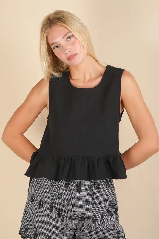VERY J Side Tie Detail Ruffled Sleeveless Top Black Tops