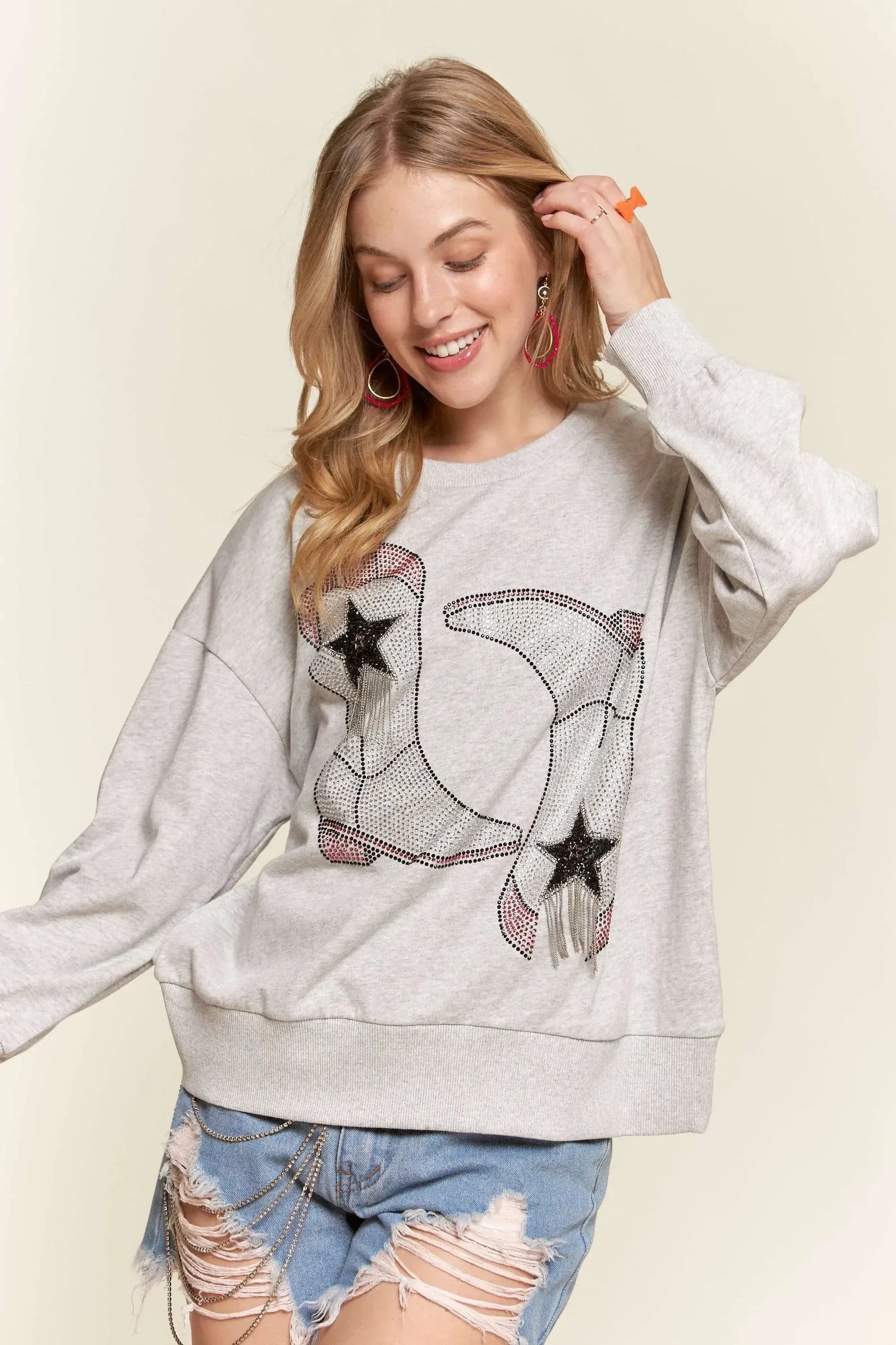 ADORA Rhinestone Accent Casual Sweatshirt - DAVERRI FASHIONS