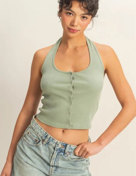 SAGE GREEN HYFVE Halter Neck Buttoned Washed Top | Tops Daverri Fashions