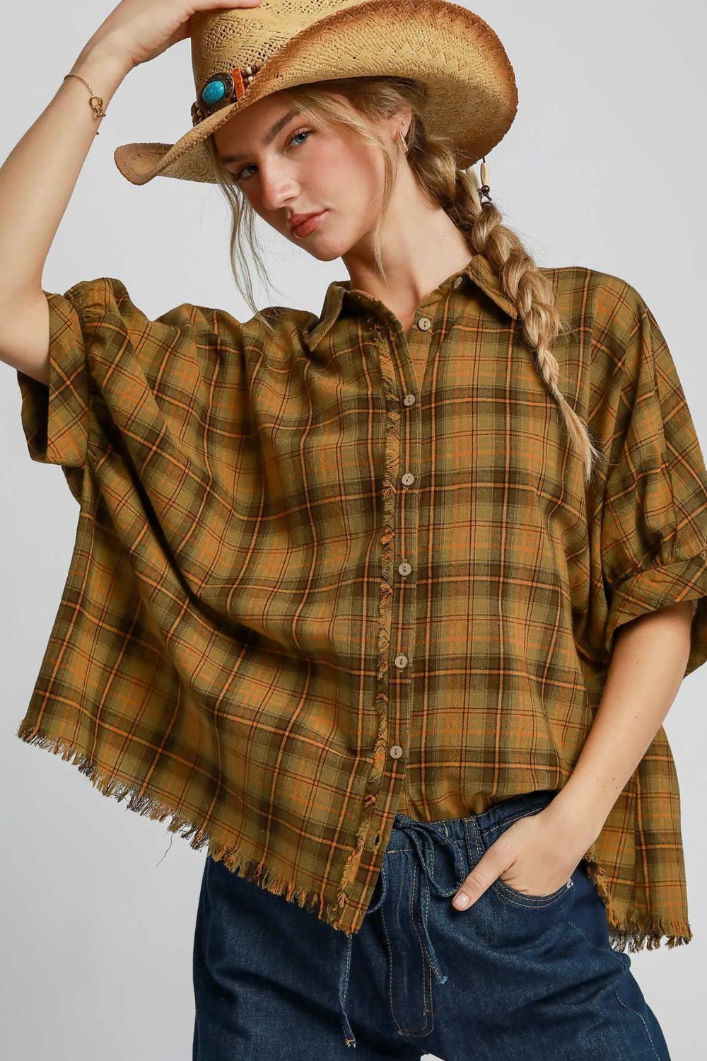 Umgee Raw Hem Plaid Collared Neck Half Sleeve Shirt Mustard Shirts