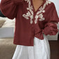 Daverri Fashions Embroidered Notched Long Sleeve Blouse - DAVERRI FASHIONS
