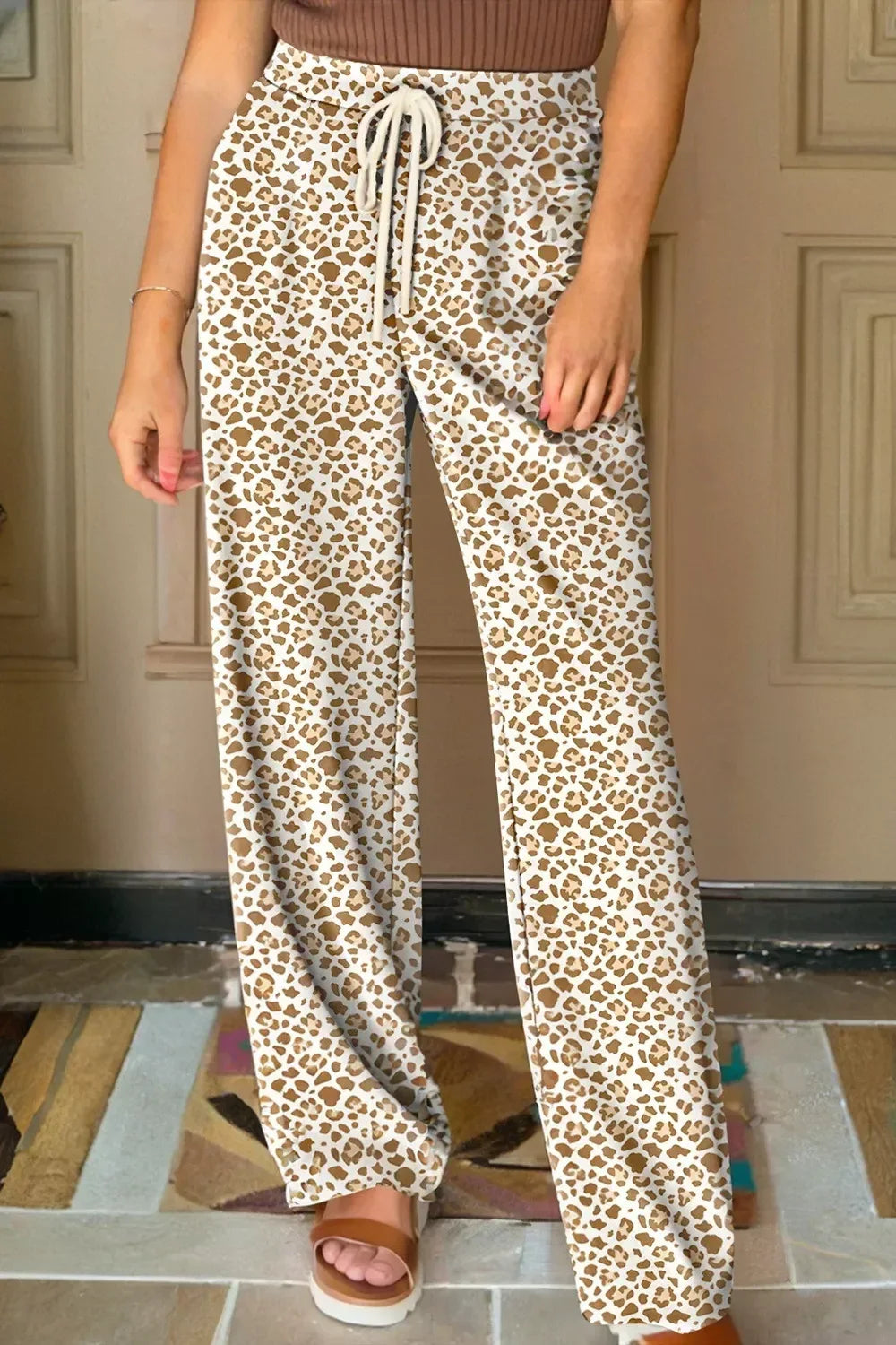 Leopard Drawstring Elastic Waistband Loose Pants - DAVERRI FASHIONS