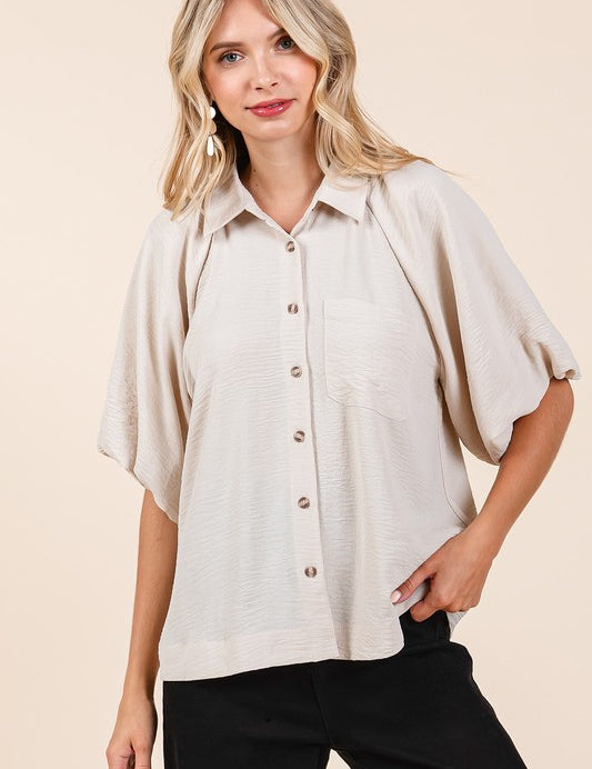 Mittoshop Airflow Short Bubble Sleeve Button Down Shirt Natural