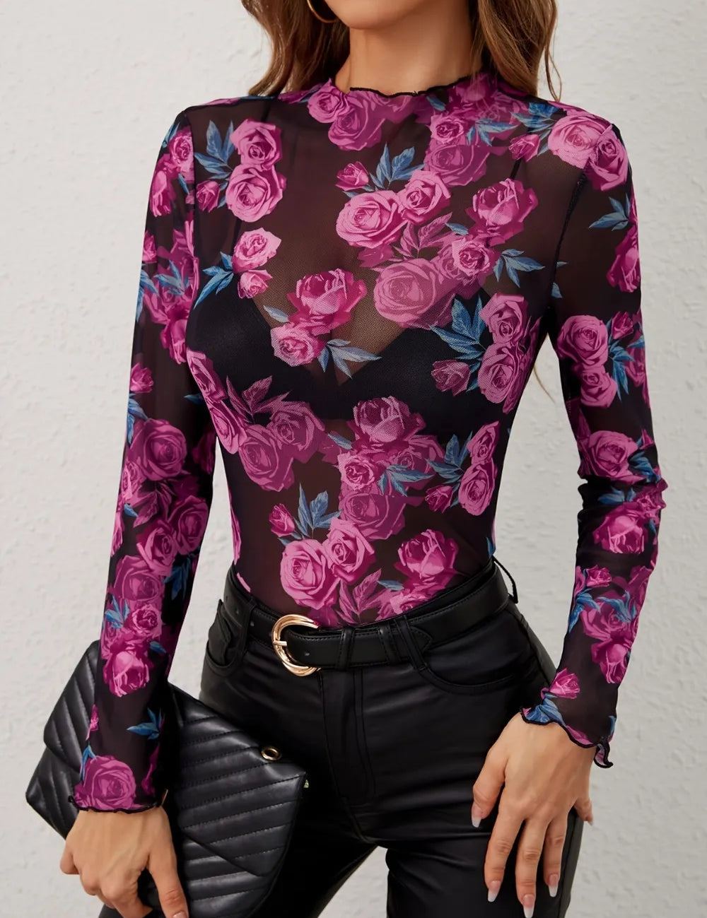 Floral Mock Neck Long Sleeve Top | Tops Daverri Fashions