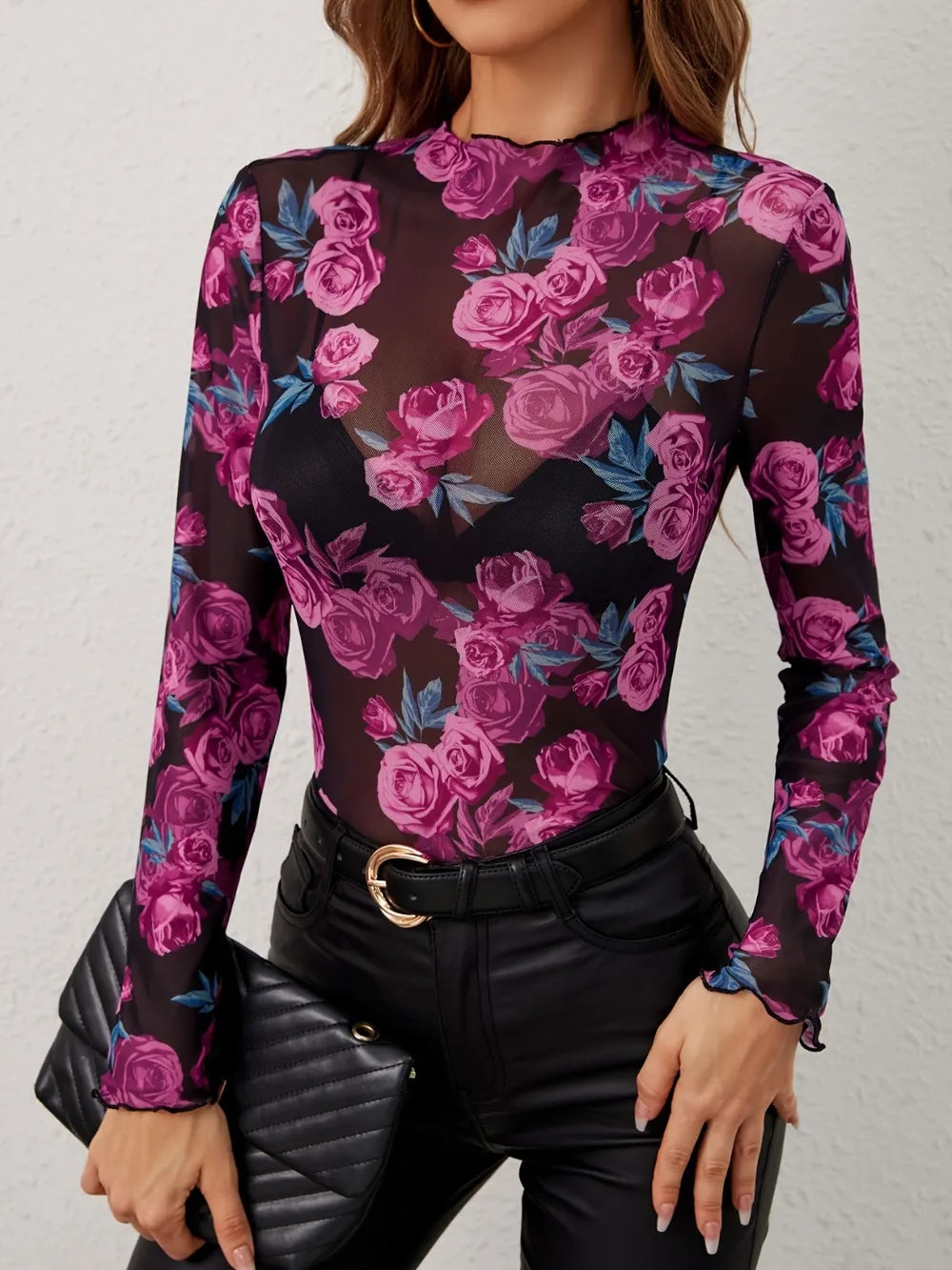 Floral Mock Neck Long Sleeve Top | Tops Daverri Fashions