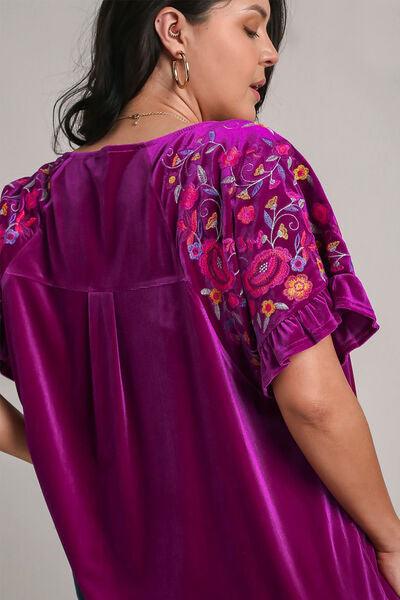 Umgee Full Size Velvet Embroidery Short Sleeve Blouse Blouses
