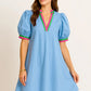 Notched puff sleeve swing dress in light blue with pink and green trim