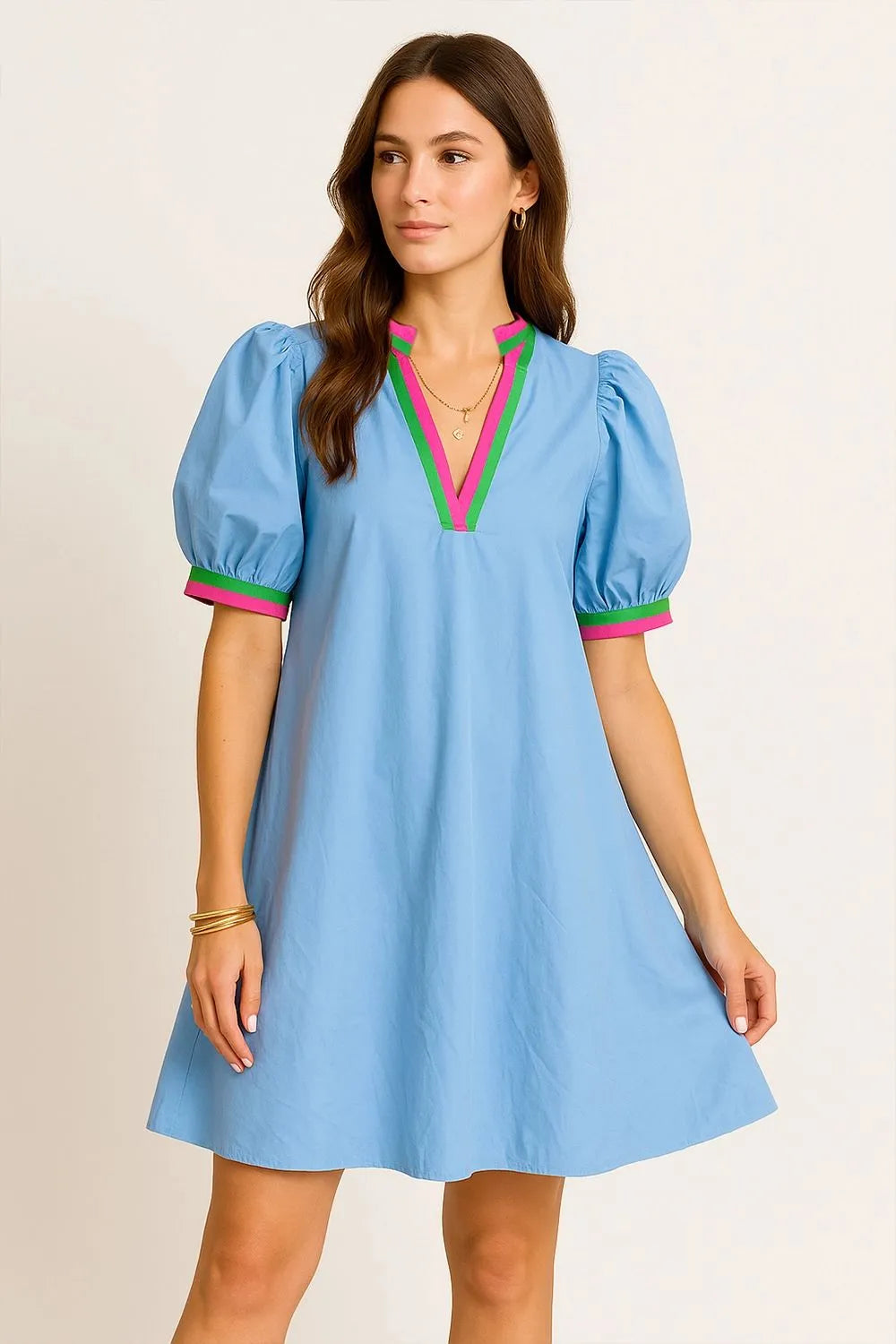 Notched puff sleeve swing dress in light blue with pink and green trim