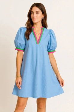 Notched puff sleeve swing dress in light blue with pink and green trim