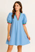Notched puff sleeve swing dress in light blue with pink and green trim