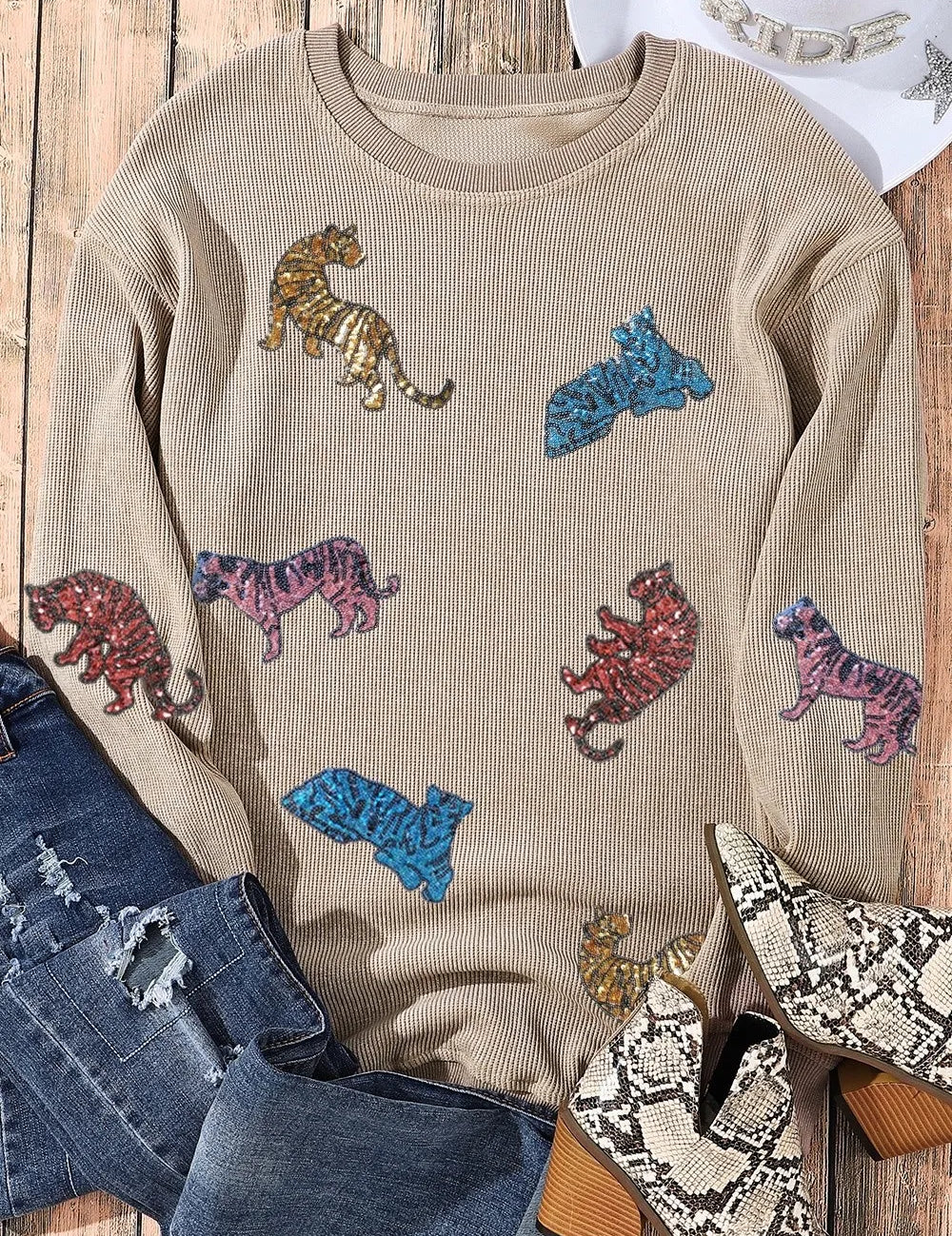 Tan Animal Sequin Dropped Shoulder Sweatshirt | Sweatshirts Daverri Fashions