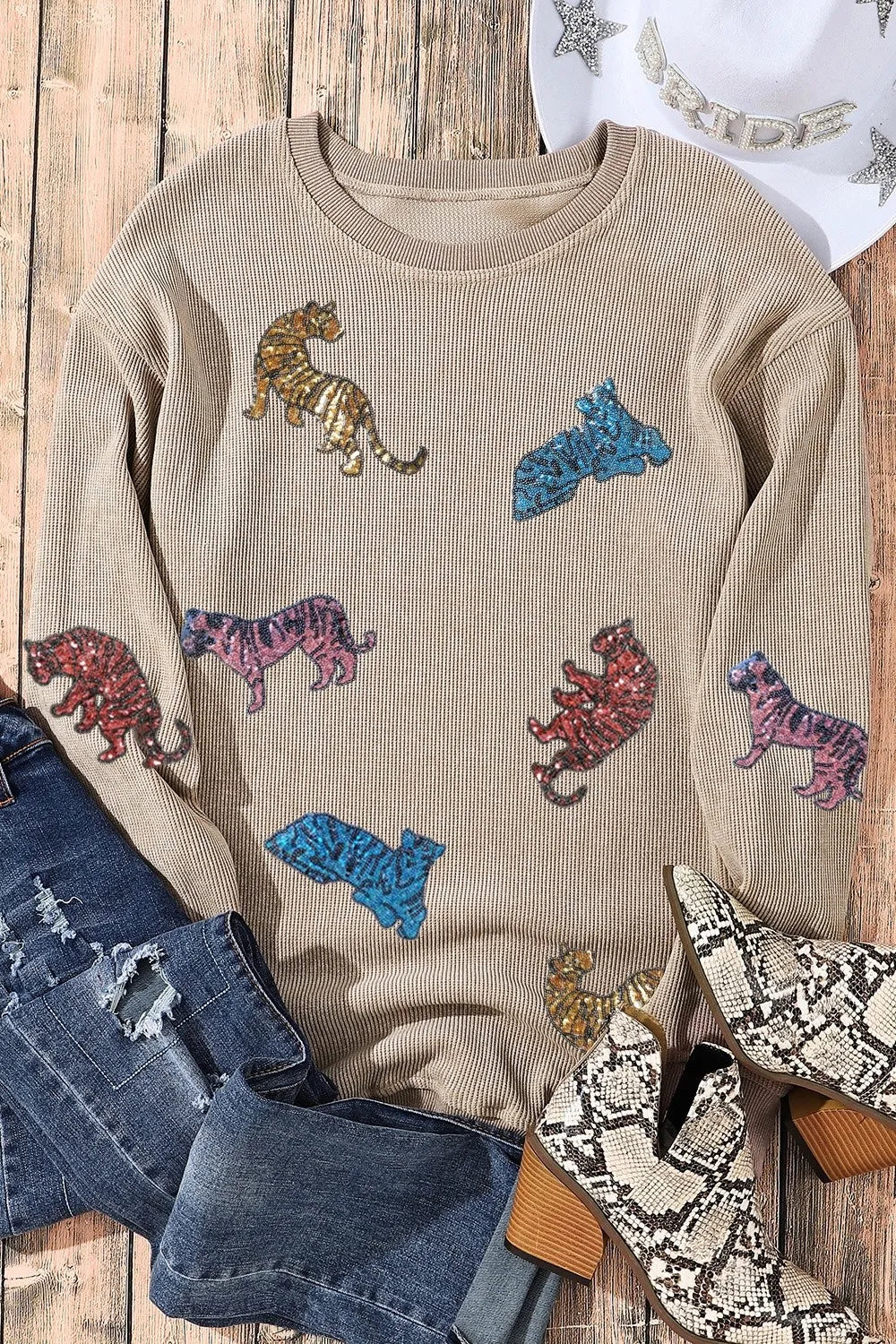 Tan Animal Sequin Dropped Shoulder Sweatshirt | Sweatshirts Daverri Fashions