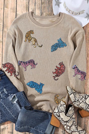 Tan Animal Sequin Dropped Shoulder Sweatshirt | Sweatshirts Daverri Fashions