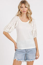 Mittoshop Mixed Media Textured Knit Popcorn Puff Sleeve Blouse Off White