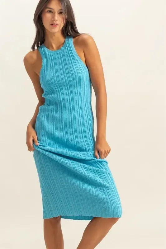 HYFVE Round Neck Blue Bodycon Ribbed Knit Dress - DAVERRI FASHIONS