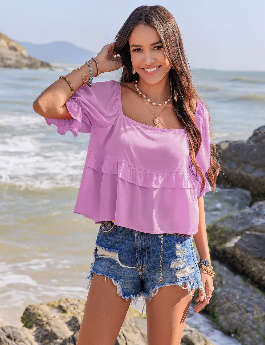 Ruffled Square Neck Half Sleeve Blouse | Blouses Daverri Fashions