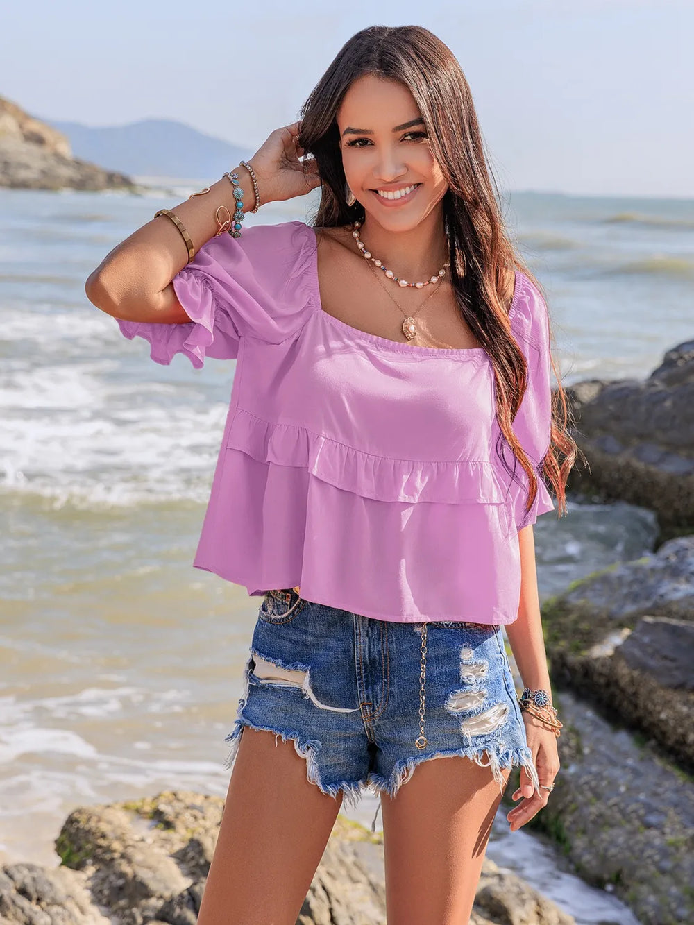 Ruffled Square Neck Half Sleeve Blouse | Blouses Daverri Fashions