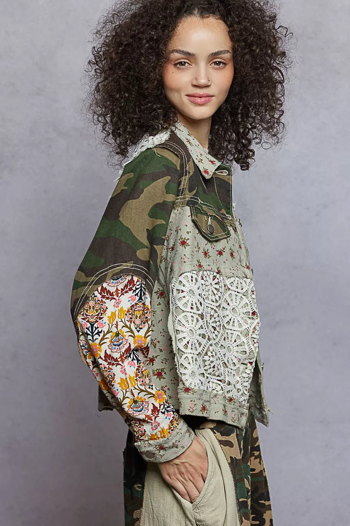 POL Floral Printed French Terry Jacket with Crochet Contrast | Jackets Daverri Fashions