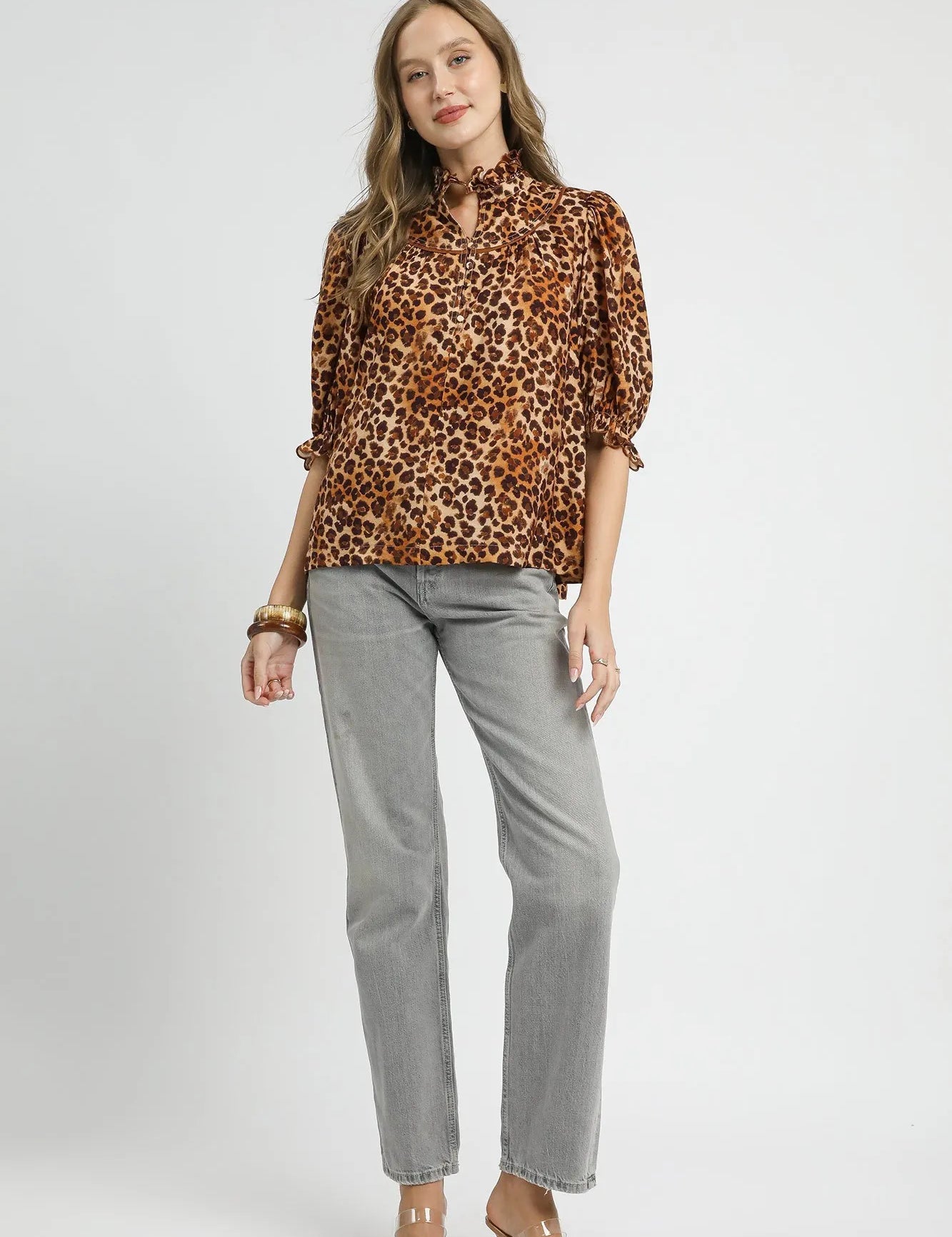 Umgee Full Size Leopard Print Ruffle Neck Blouse Plus Size | Blouses Daverri Fashions