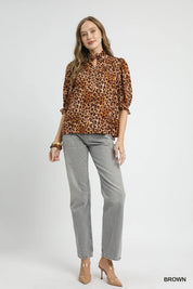 Umgee Full Size Leopard Print Ruffle Neck Blouse Plus Size | Blouses Daverri Fashions