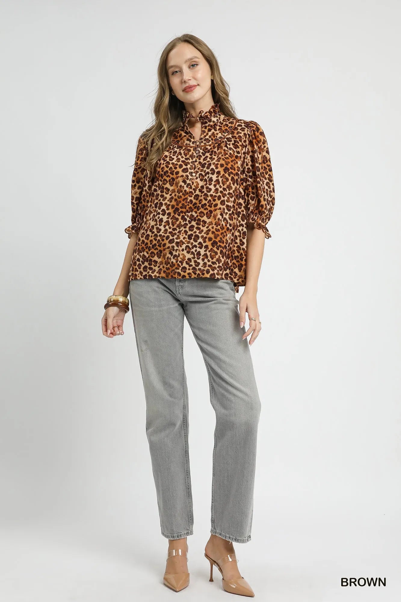 Umgee Full Size Leopard Print Ruffle Neck Blouse Plus Size Blouses