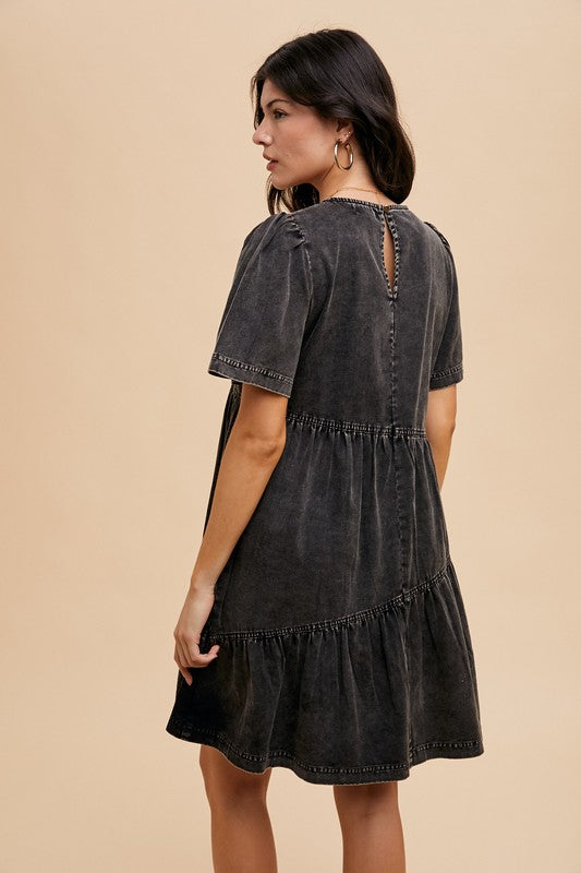 Annie Wear Mineral Washed Round Neck Short Sleeve Denim Dress Tops