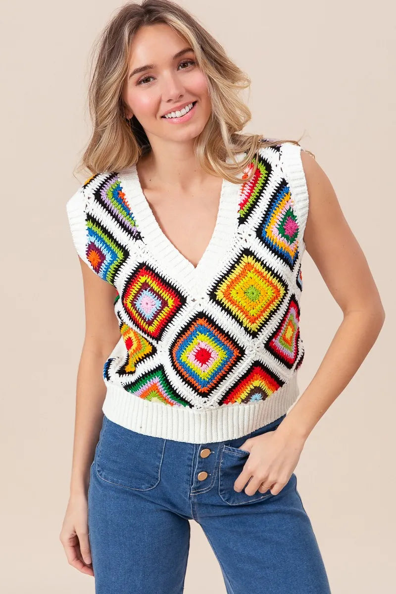 BiBi Diamond Granny Square Sweater Vest | Sweater Vests Daverri Fashions