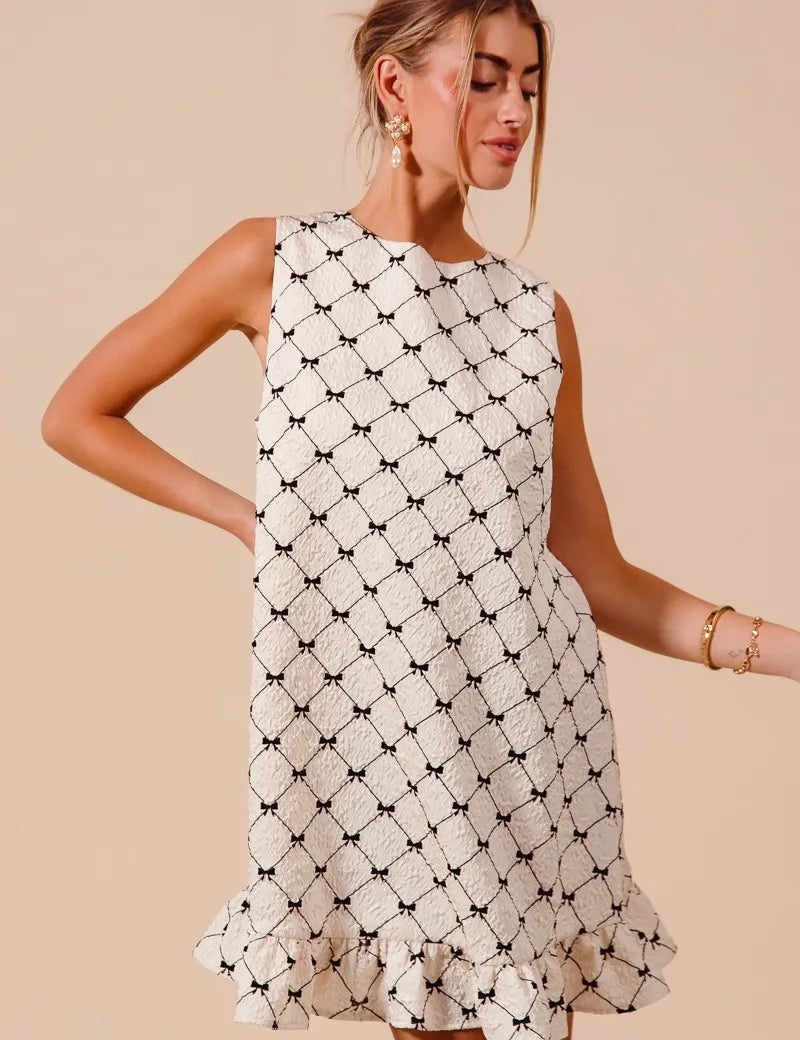 IVORY SO ME Texture Bow Printed Mini Ruffle Dress | Daverri Fashions