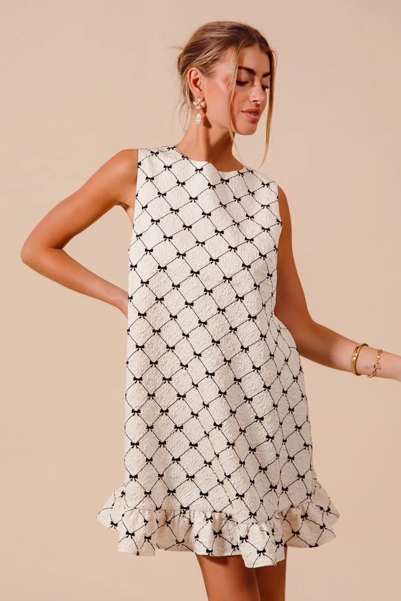 SO ME Texture Bow Printed Mini Ruffle Dress IVORY