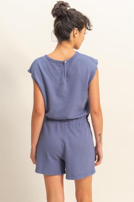 HYFVE Round Neck Cap Sleeve Drawstring Waist Romper Rompers