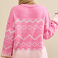 Women’s pink geometric zigzag and diamond knit drop shoulder sweater