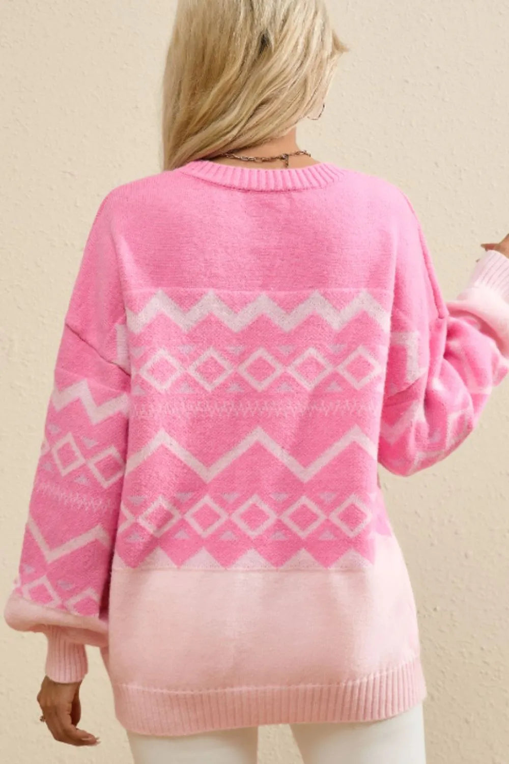Women’s pink geometric zigzag and diamond knit drop shoulder sweater