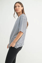 MONO B Coastal Cotton Striped Oversized Crewneck T-Shirt | Daverri Fashions