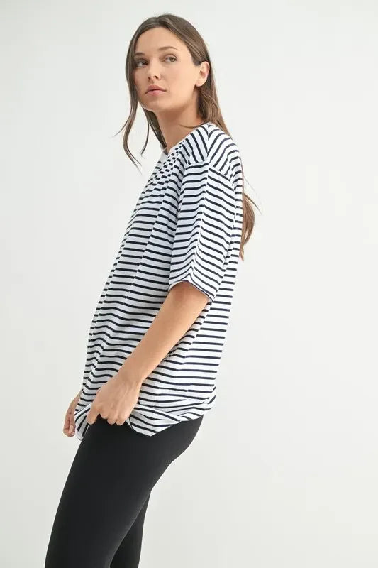MONO B Coastal Cotton Striped Oversized Crewneck T-Shirt - DAVERRI FASHIONS