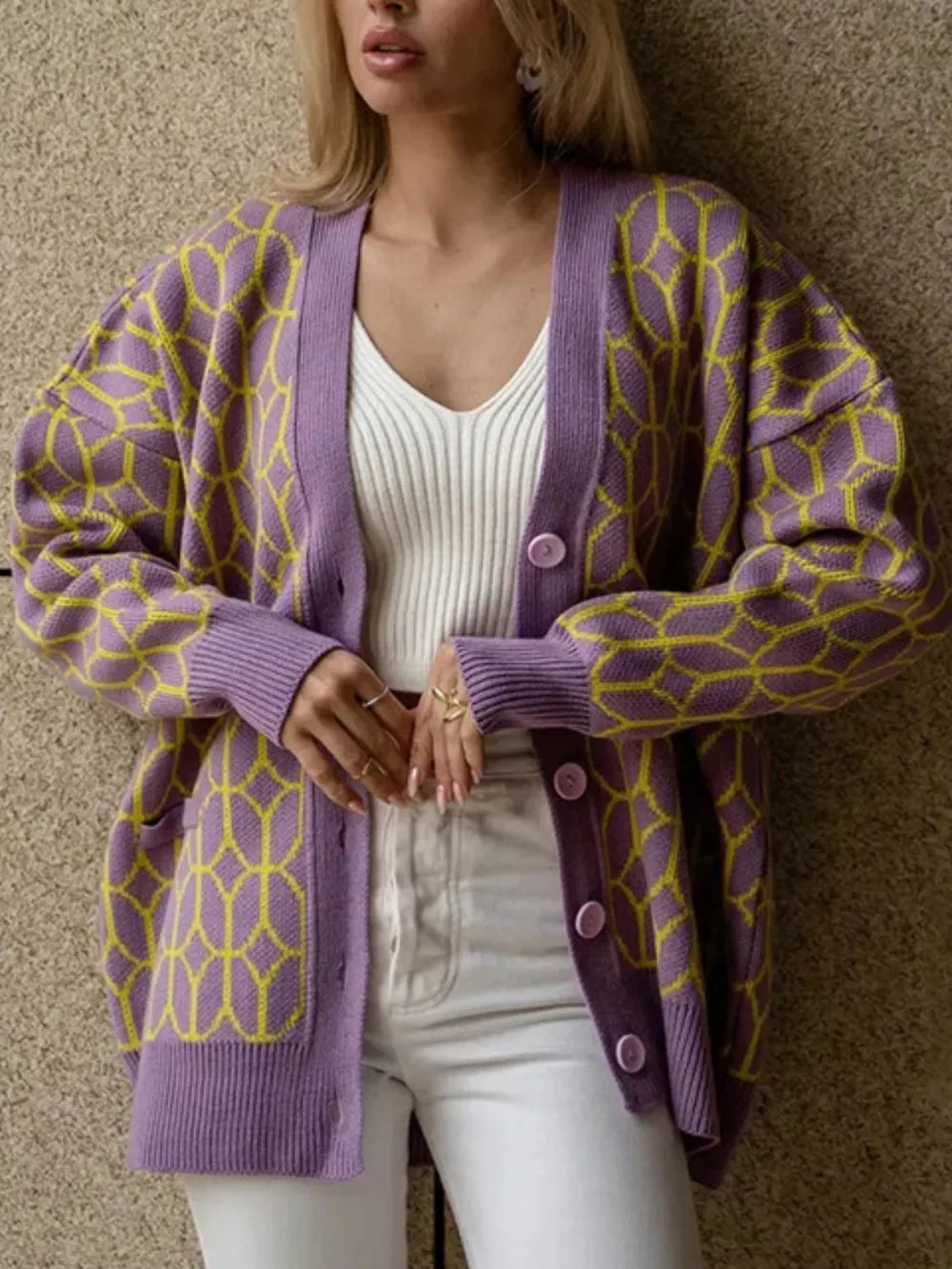 Mauve One Size Button Up Long Sleeve Cardigan | Cardigans Daverri Fashions