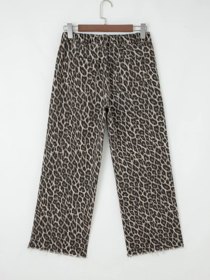 Leopard Straight Loose Leg Raw Hem Jeans | Jeans Daverri Fashions
