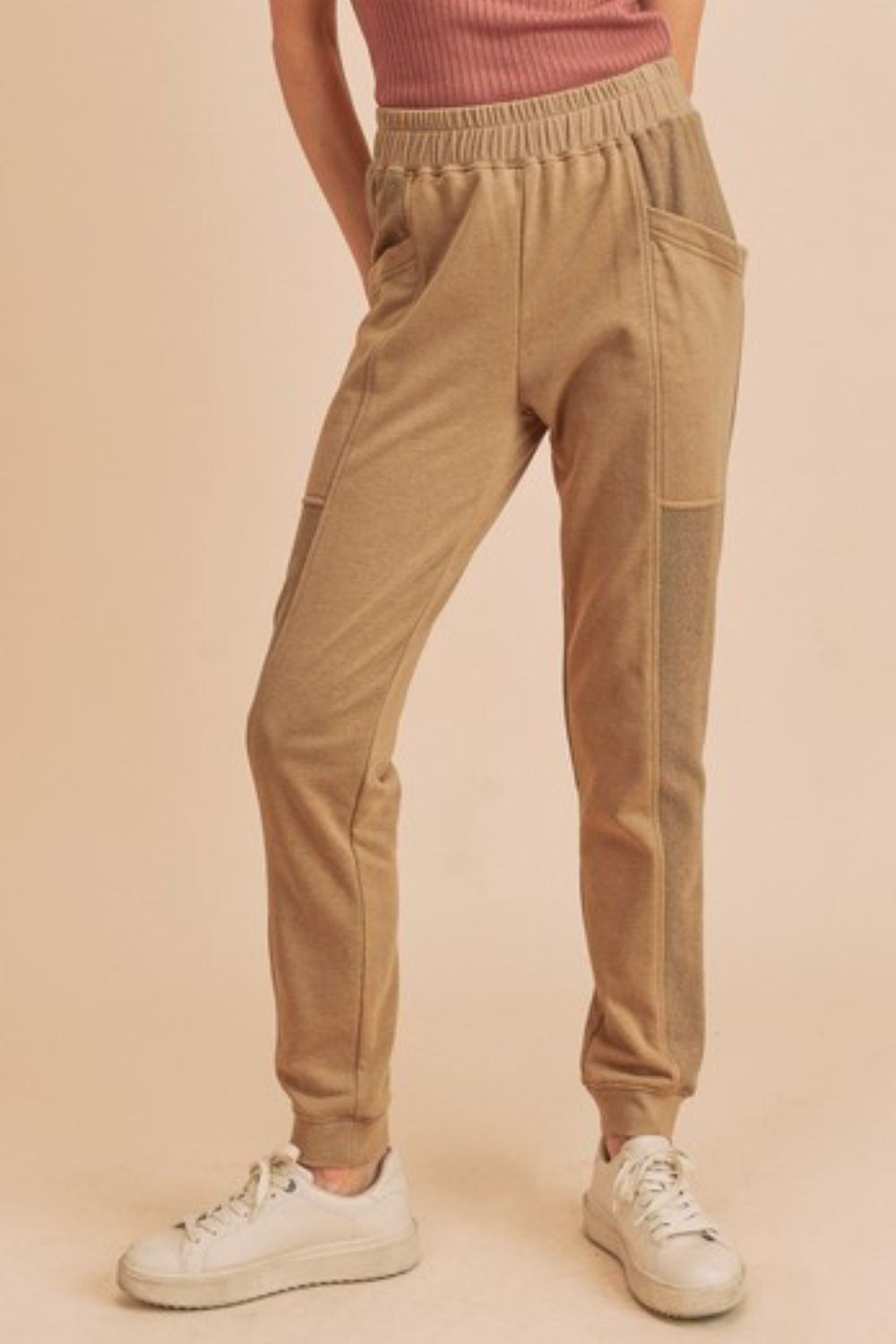 Aemi + Co Elastic Waist Joggers with Pockets Oatmeal Joggers