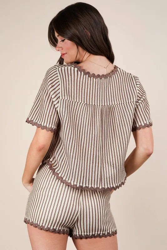 VERY J Wave Trim Detail Knit Top & Shorts Set Outfit Sets