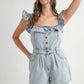 MABLE Off Shoulder Ruffle Detail Denim Romper Rompers