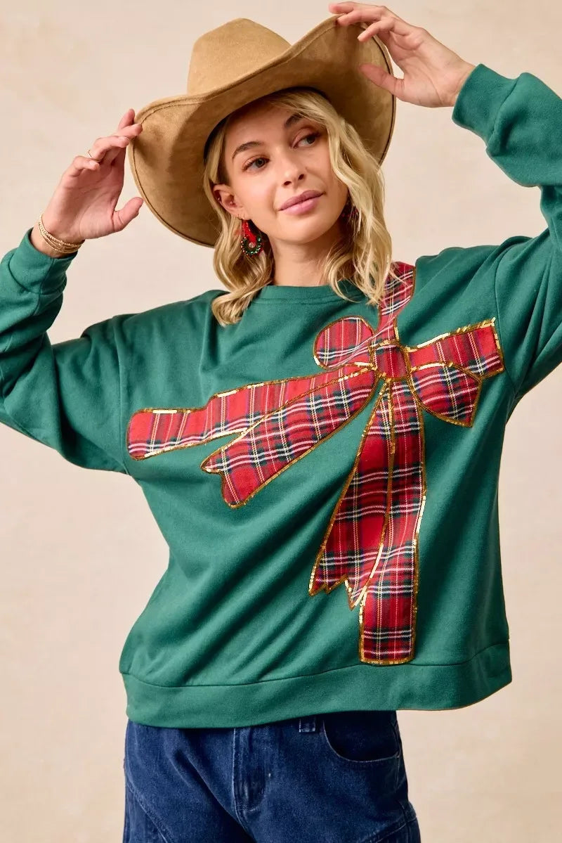 BiBi Plaid Ribbon Bow Detail Christmas Fleece Pullover - DAVERRI FASHIONS