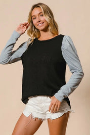 BiBi Cable Sweater Knit Top with Contrast Puff Sleeve | Knit Tops Daverri Fashions