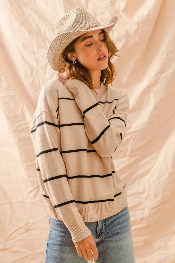 SO ME Stripe Crew Neck Basic Essential Sweater | Sweaters Daverri Fashions