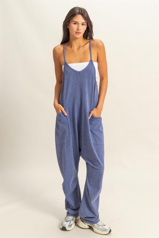 HYFVE Relaxed Fit Mineral Washed Overalls with Pockets Dusty Blue L Overalls