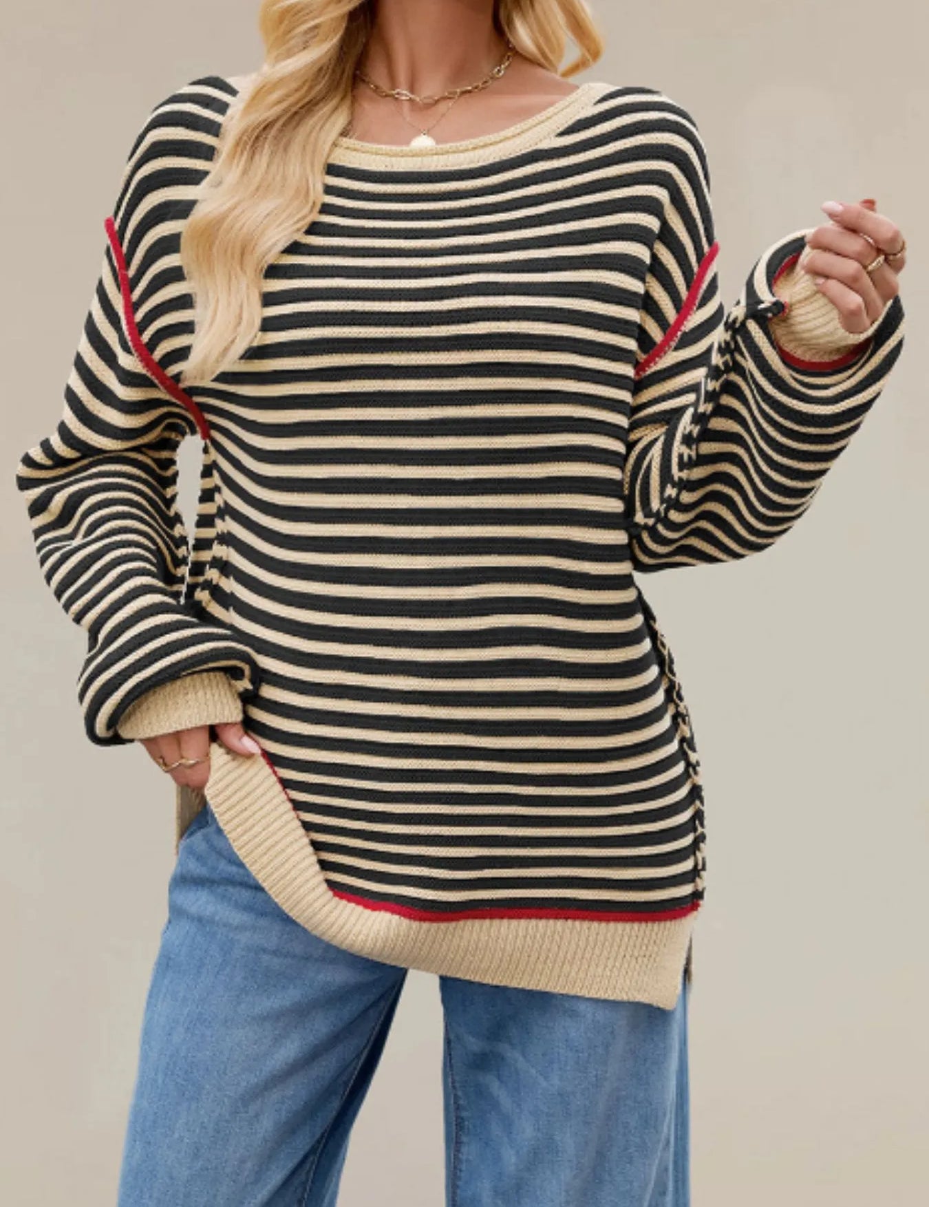 Apricot Slit Striped Oversized Sweater | Sweaters Daverri Fashions
