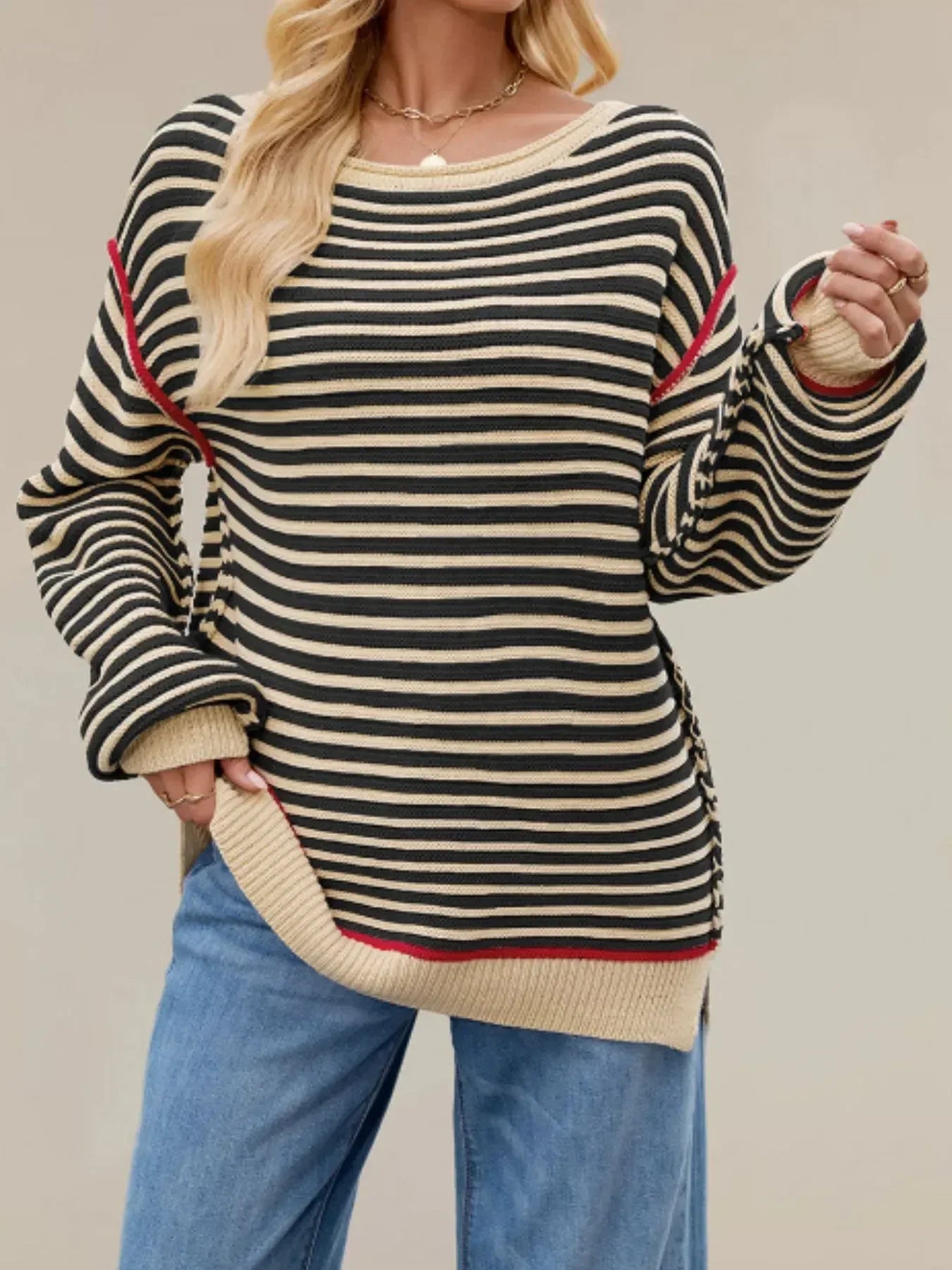 Slit Striped Oversized Sweater - DAVERRI FASHIONS