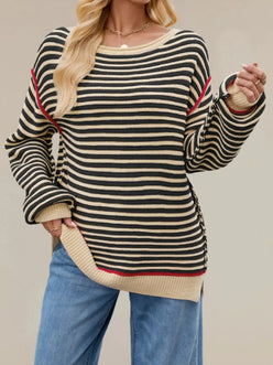 Slit Striped Oversized Sweater - DAVERRI FASHIONS